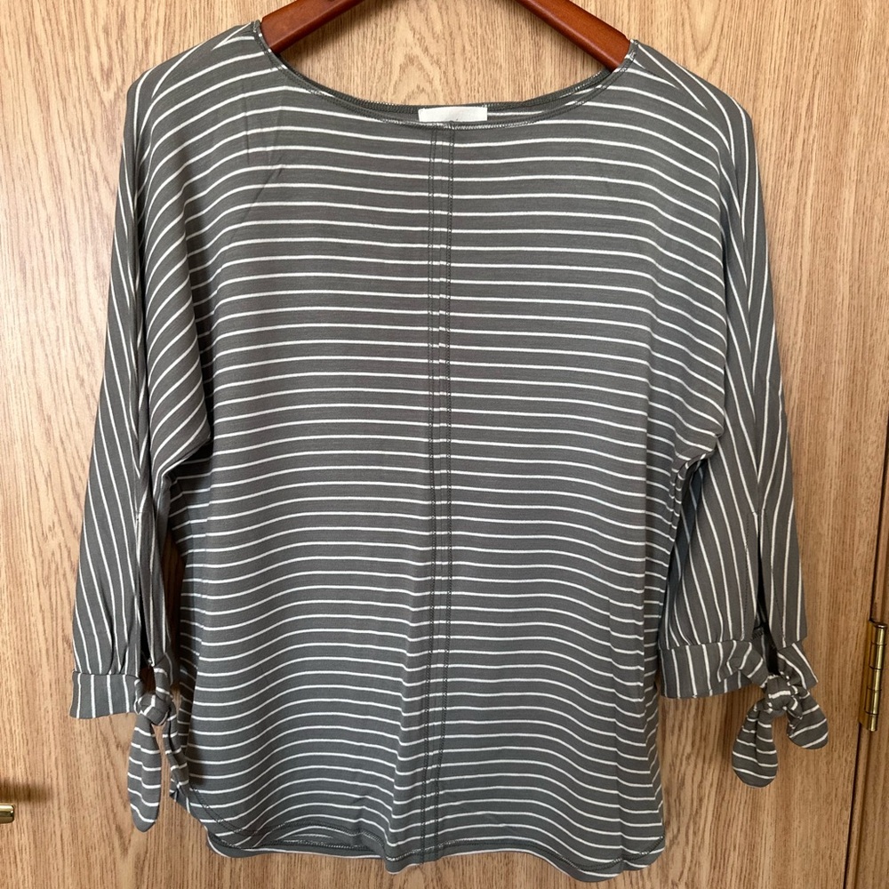 MELLODAY Olive/White Stripe 3/4 Sleeve Tie Knit Sweater Blouse Women’s S